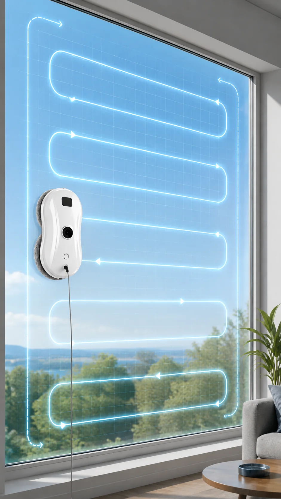 Von der Smart-Path-KI geplante Reinigungsroute auf einer Fensterscheibe